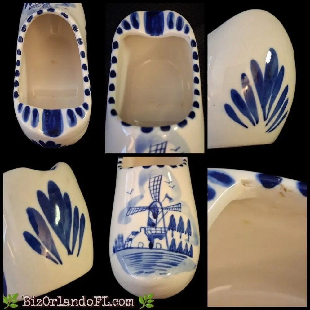 VINTAGE Dutch Blue Delft Ceramic Shoe Ashtray Handpainted Windmill Floral Design